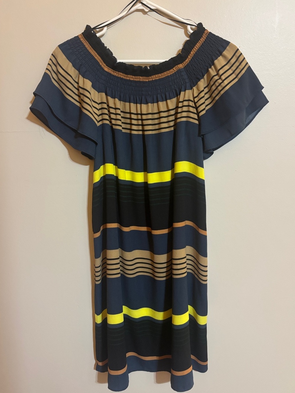 Chelsea & Theodore Navy, Tan and Neon Yellow Striped Off-Shoulder Dress